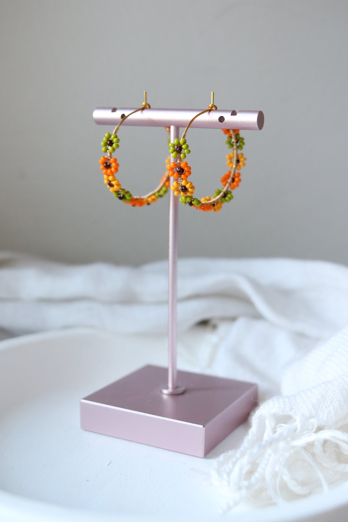 Daisy Chain Hand Beaded Hoop Earrings | Autumn