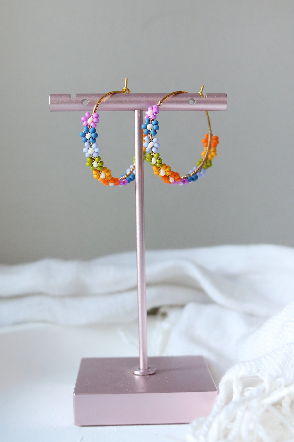 Daisy Chain Hand Beaded Hoop Earrings | Rainbow