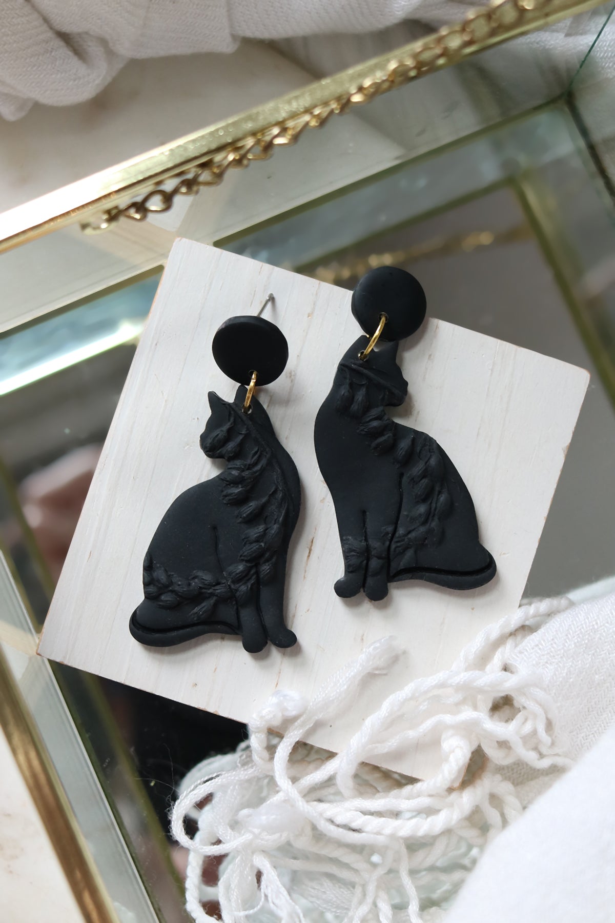 Black Floral Cat Polymer Clay Earrings