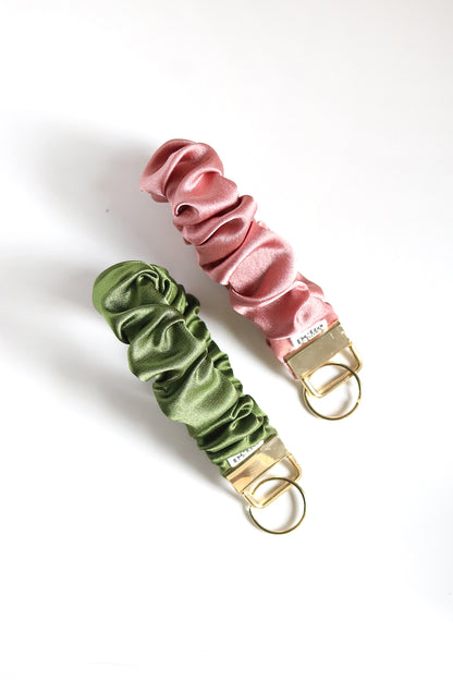 Scrunchie Wristlet Keychain in Olive Satin