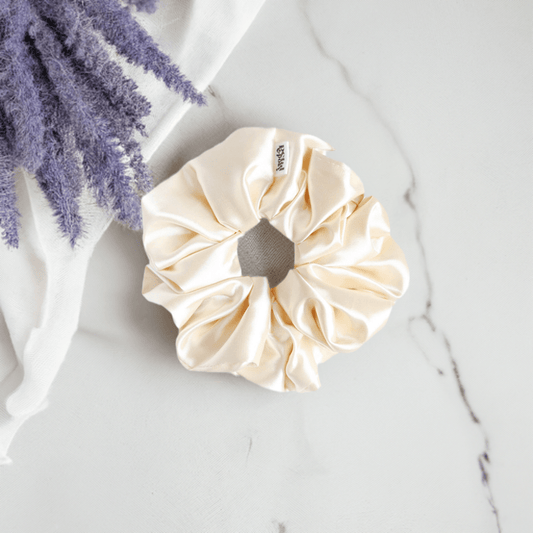 Slim Fluff Silk Satin Scrunchie in Blonde - Petal & Posy