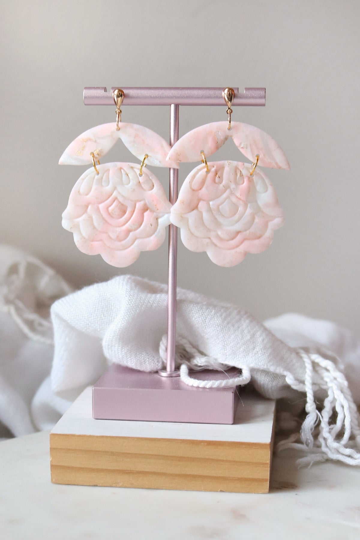Paper Roses Polymer Clay Earrings in Peach