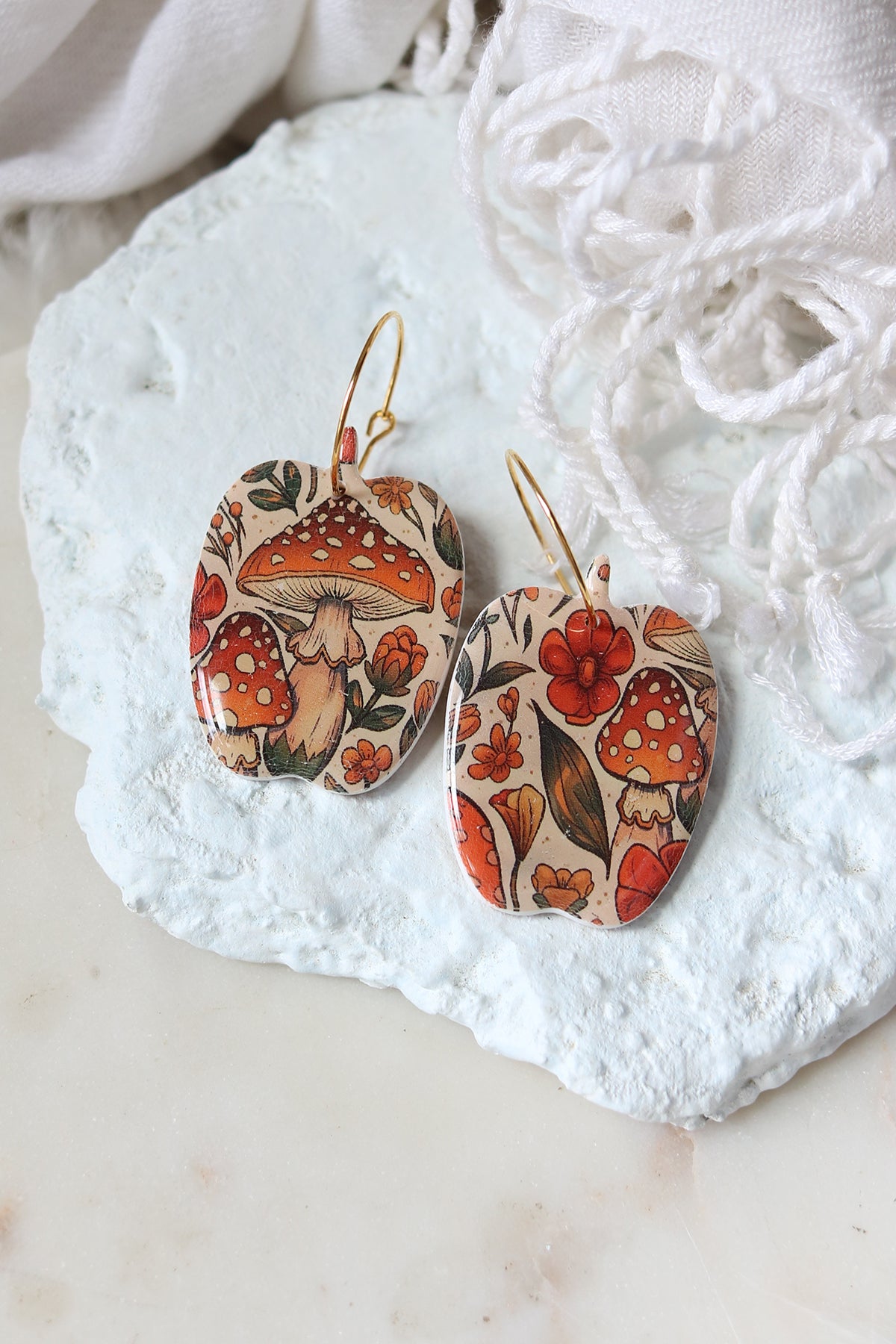 Shroomkin Polymer Clay Mushroom Pumpkin Hoop Earrings
