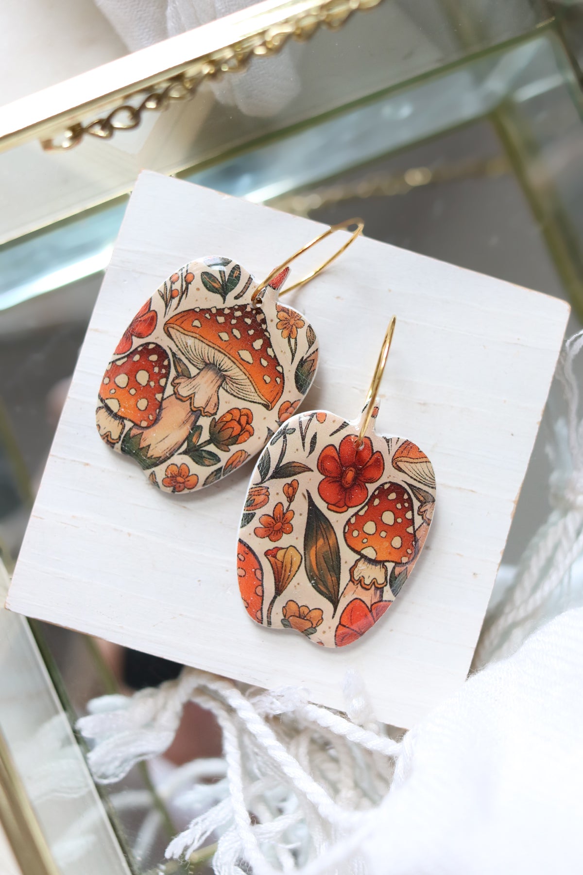 Shroomkin Polymer Clay Mushroom Pumpkin Hoop Earrings