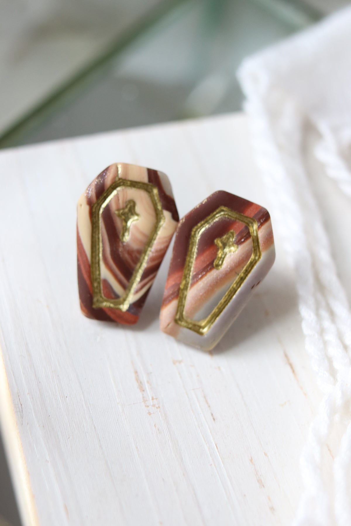 Wood Coffin Polymer Clay Stud Earrings