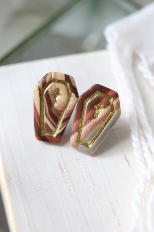 Wood Coffin Polymer Clay Stud Earrings