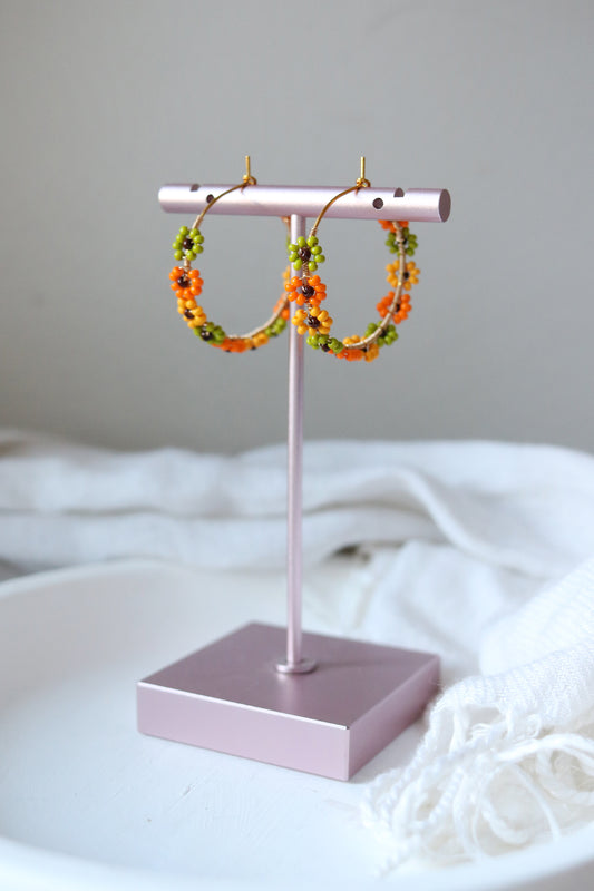 Daisy Chain Hand Beaded Hoop Earrings | Autumn