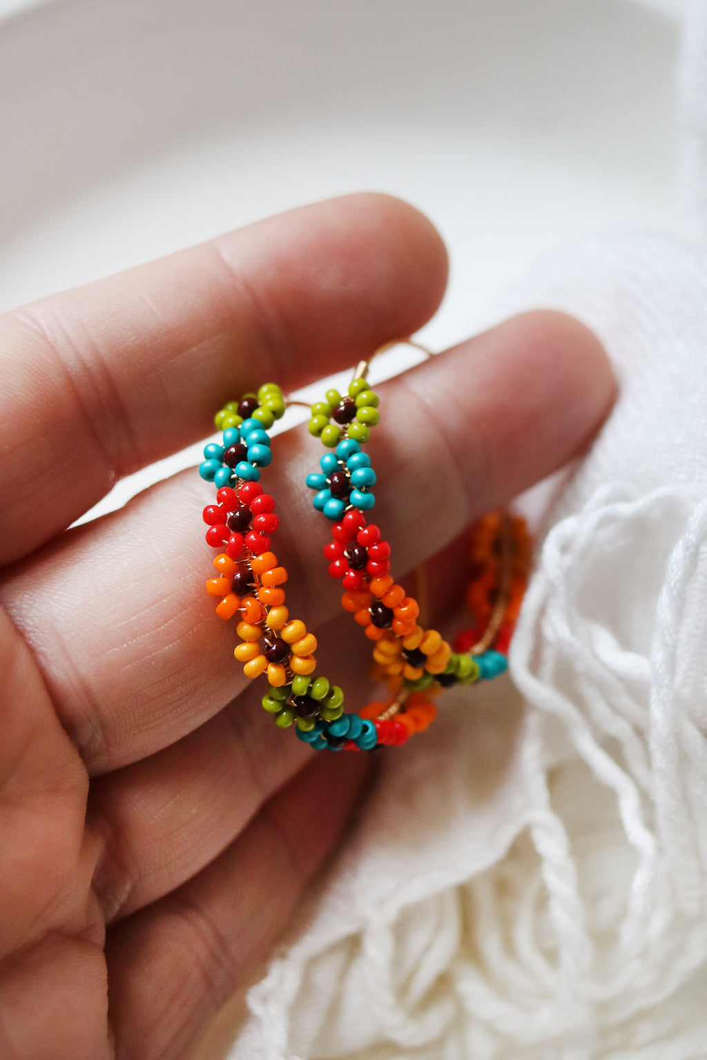 Daisy Chain Hand Beaded Hoop Earrings | Late Harvest