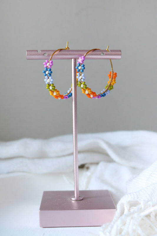 Daisy Chain Hand Beaded Hoop Earrings | Rainbow