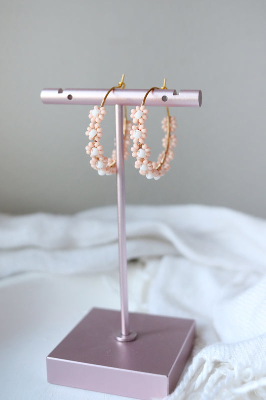 Daisy Chain Hand Beaded Hoop Earrings | Blush