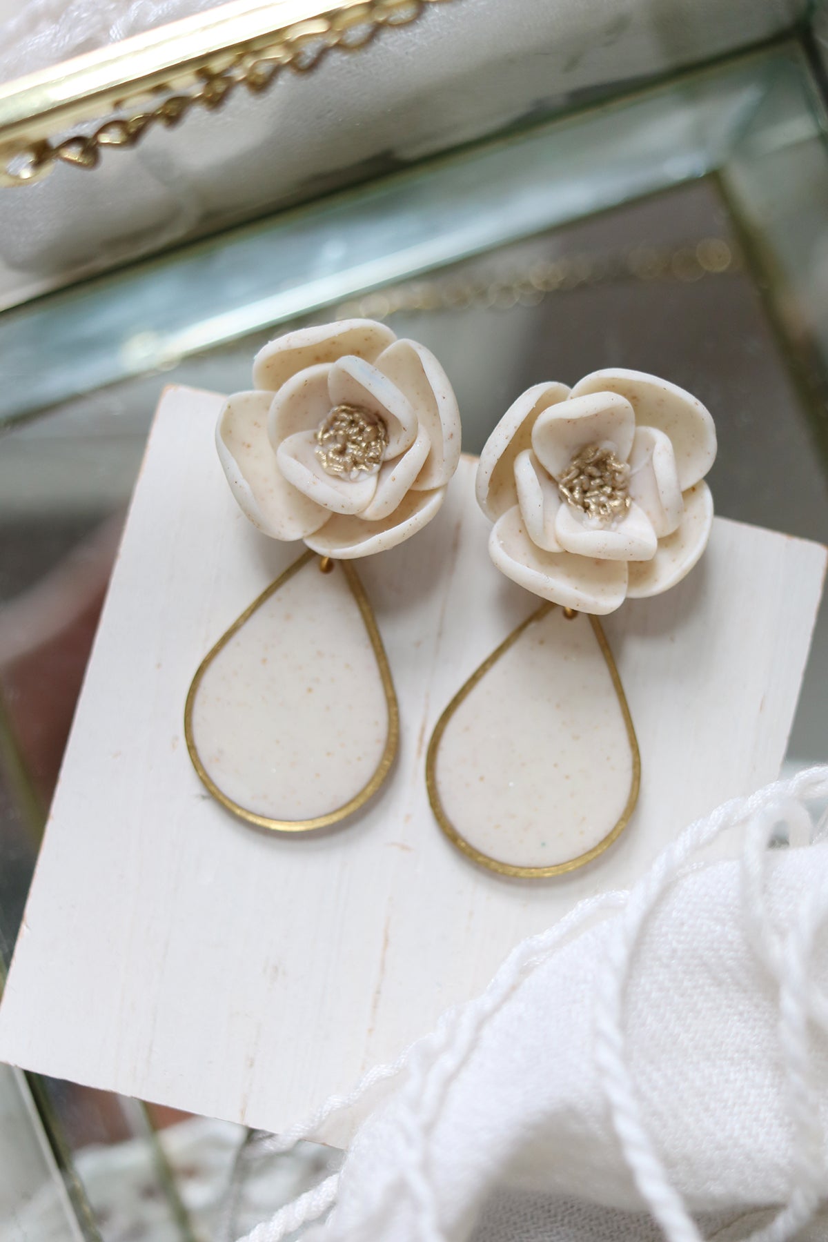 Everlasting Floral White and Gold Polymer Clay Earrings