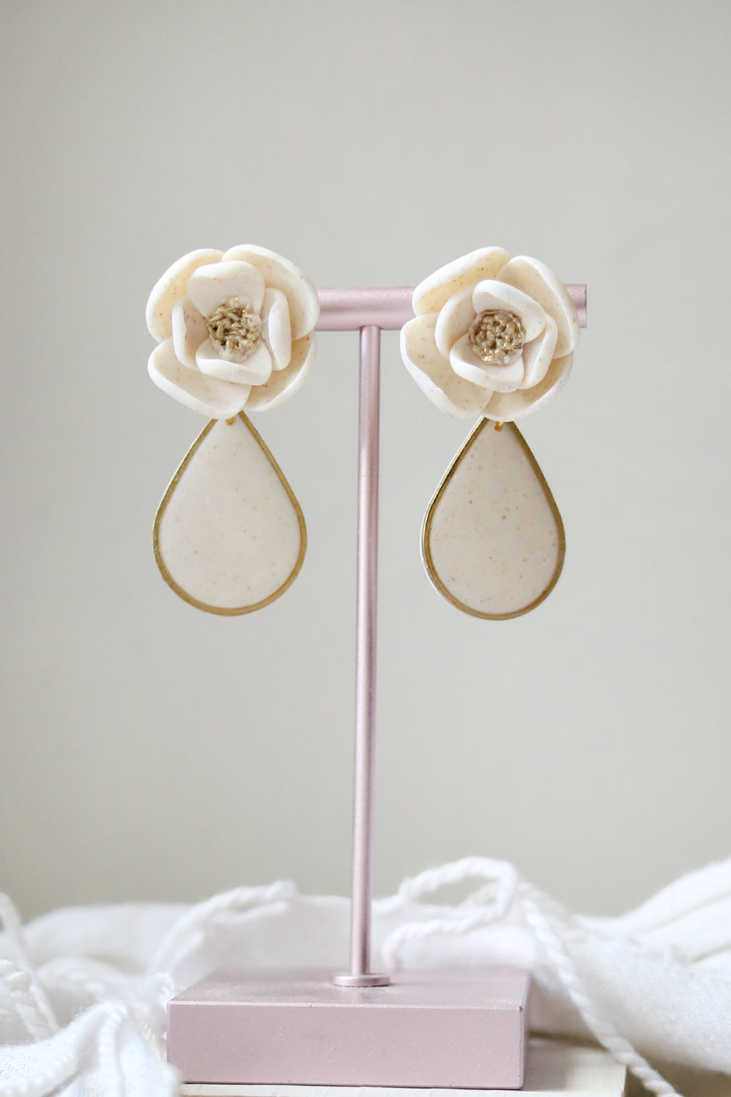 Everlasting Floral White and Gold Polymer Clay Earrings