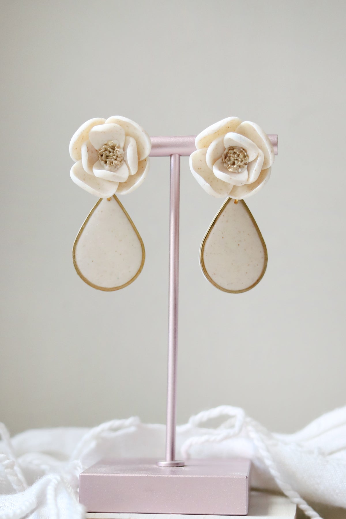 Everlasting Floral White and Gold Polymer Clay Earrings