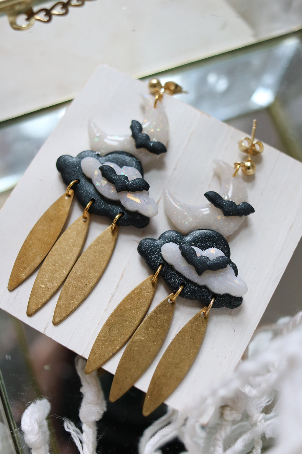 Fly at Night Polymer Clay Moon and Cloud Earrings