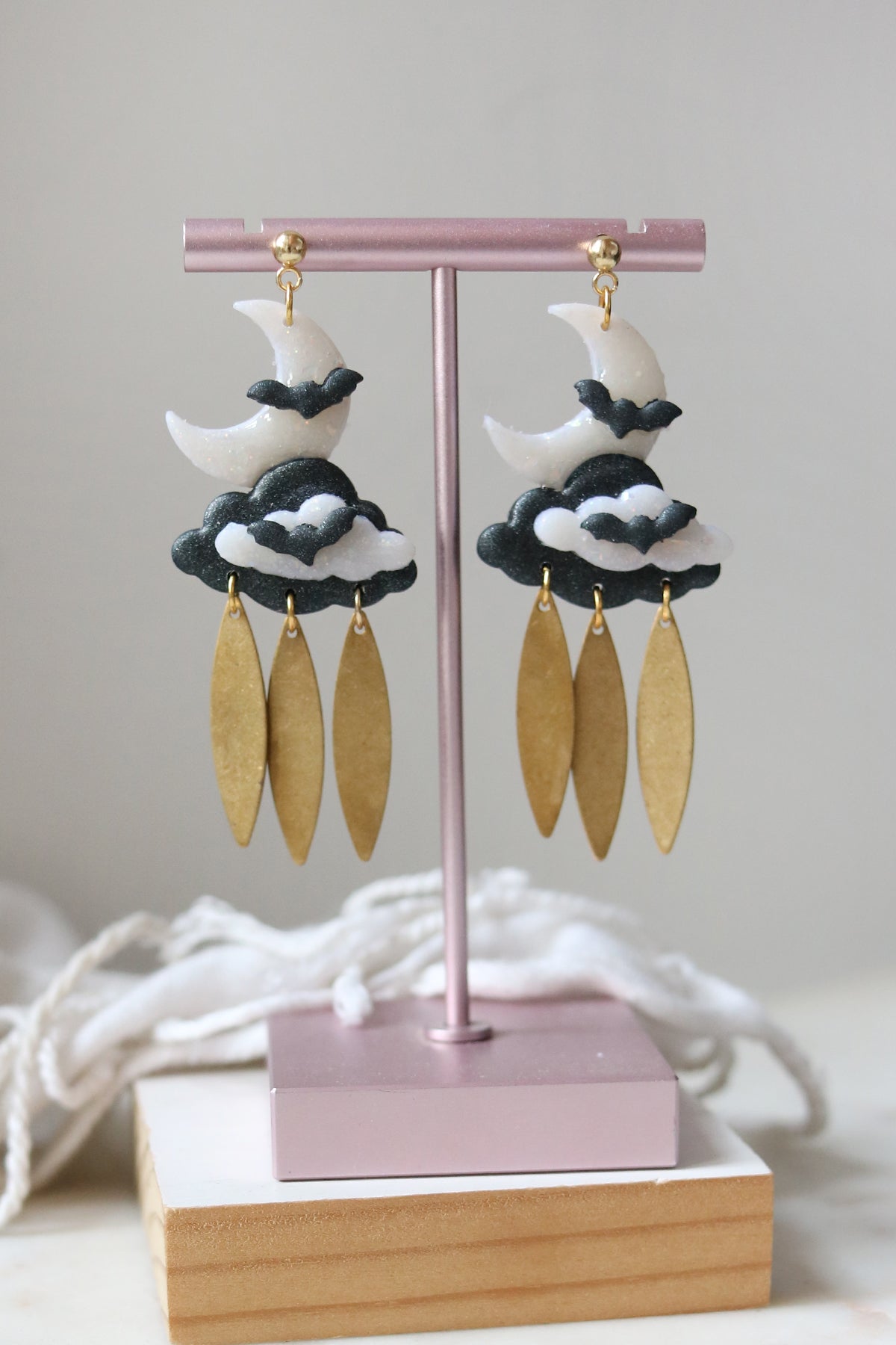 Fly at Night Polymer Clay Moon and Cloud Earrings