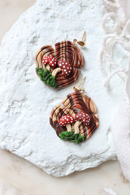 Forage Woodgrain and Mushroom Polymer Clay Earrings