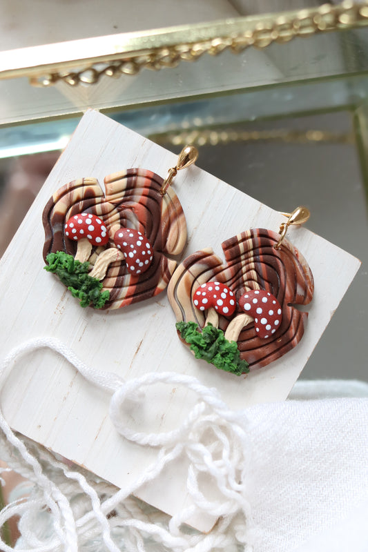 Forage Woodgrain and Mushroom Polymer Clay Earrings