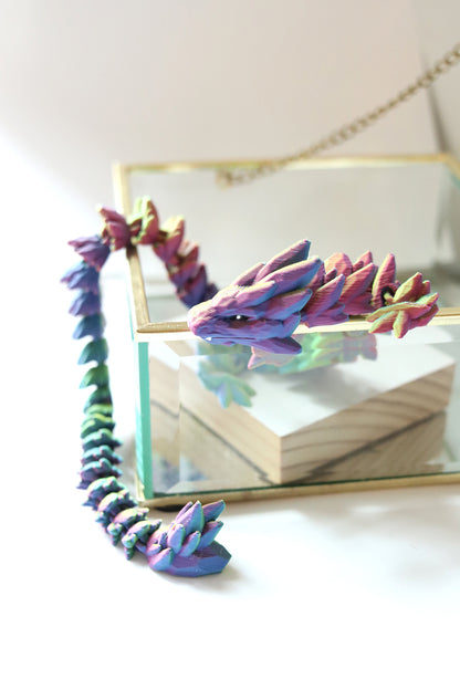 3D Printed Long Gemstone Dragon Fidget Pet in Neon Rainbow