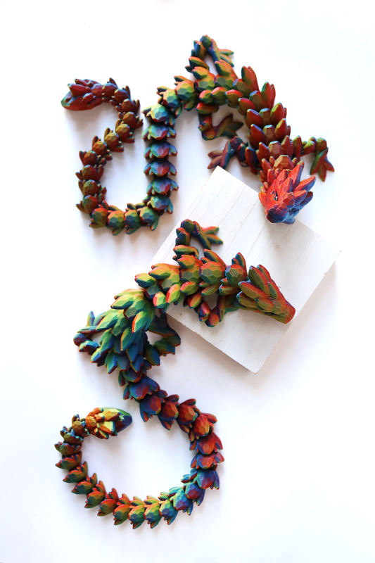 3D Printed Long Gemstone Dragon Fidget Pet in Primary Rainbow