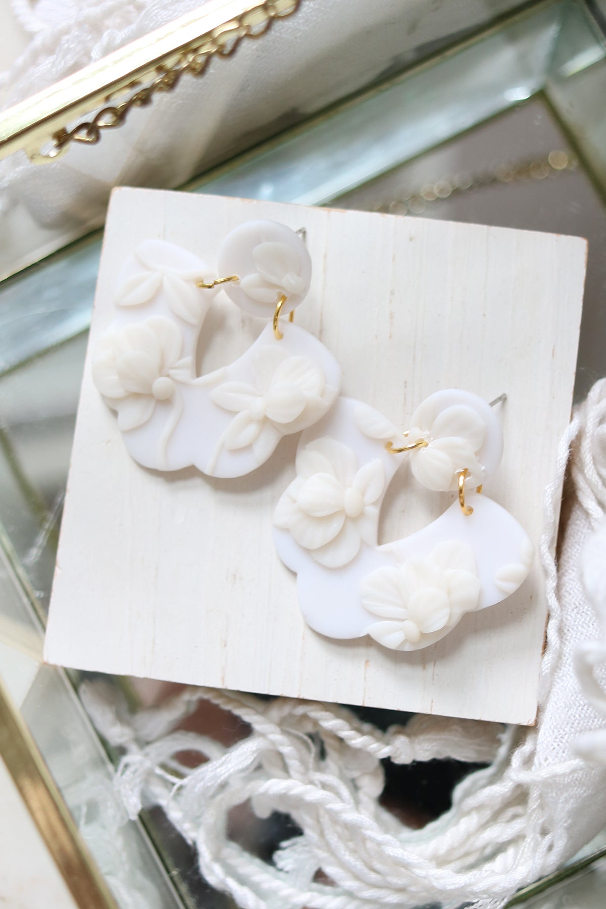 Magnolia Polymer Clay White Floral Earrings
