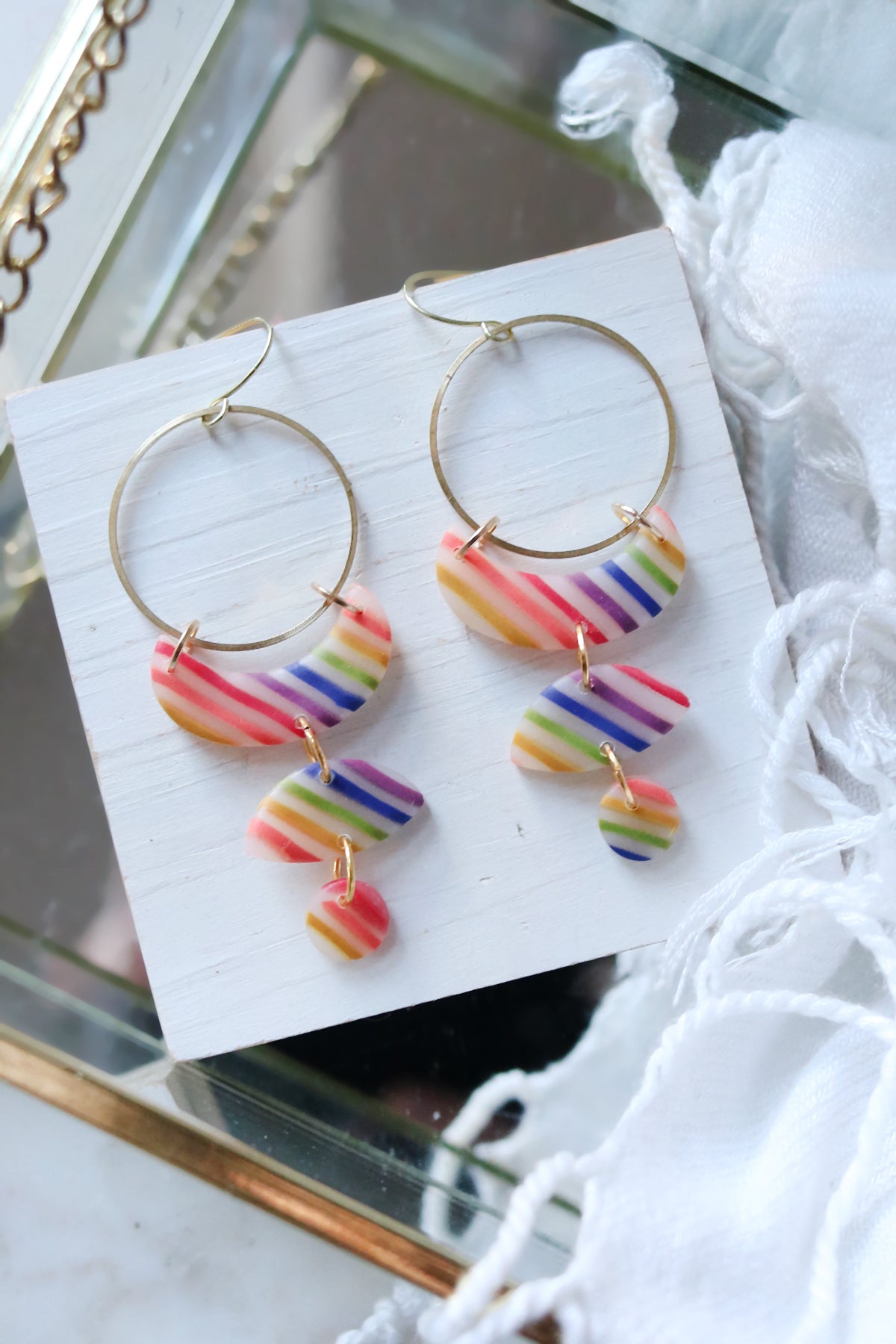 Moon Cycle Polymer Clay Earrings in Rainbow