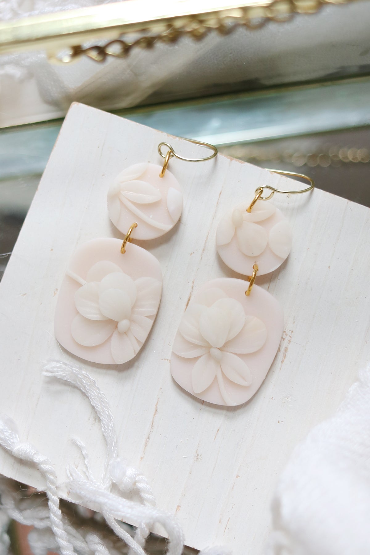 Peony Petal Polymer Clay White Floral Earrings