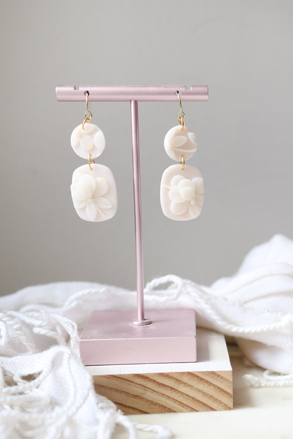 Peony Petal Polymer Clay White Floral Earrings