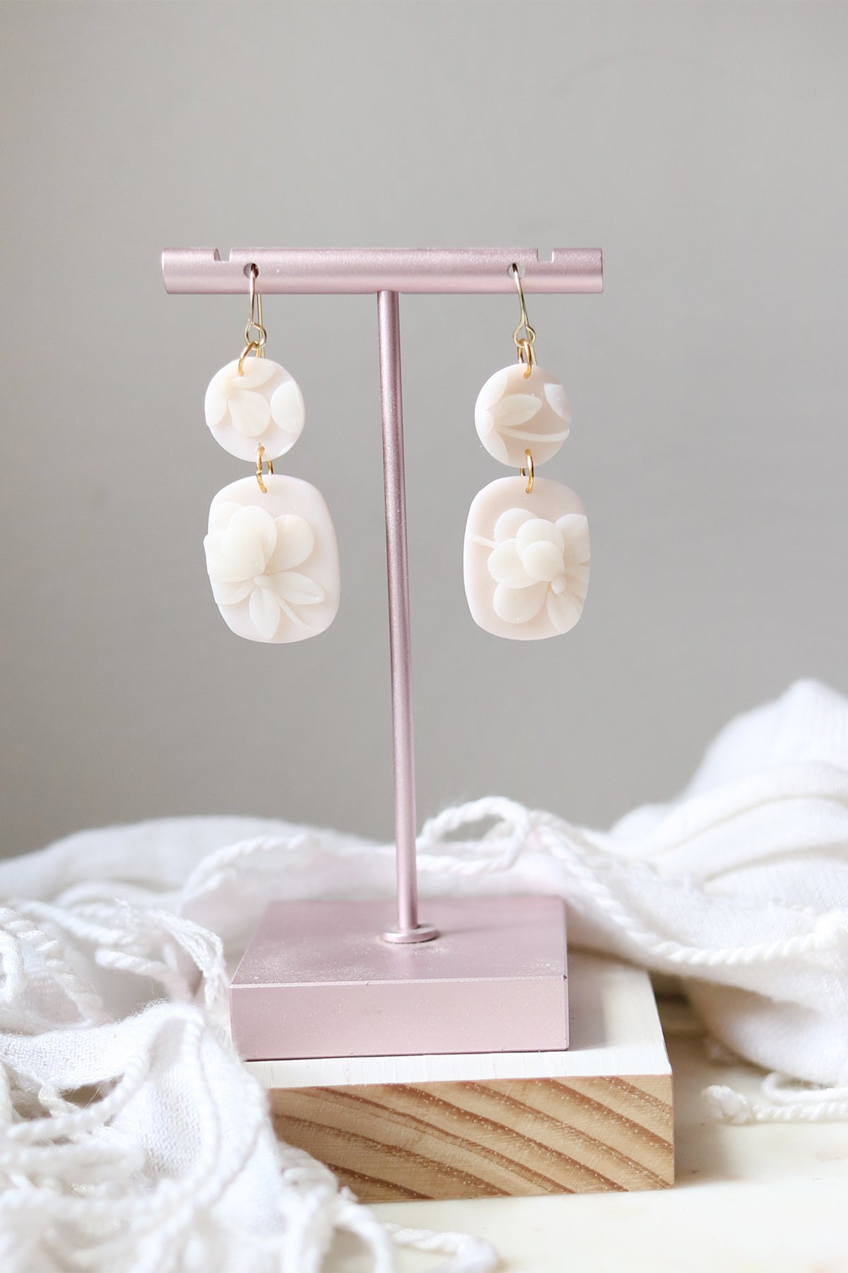 Peony Petal Polymer Clay White Floral Earrings