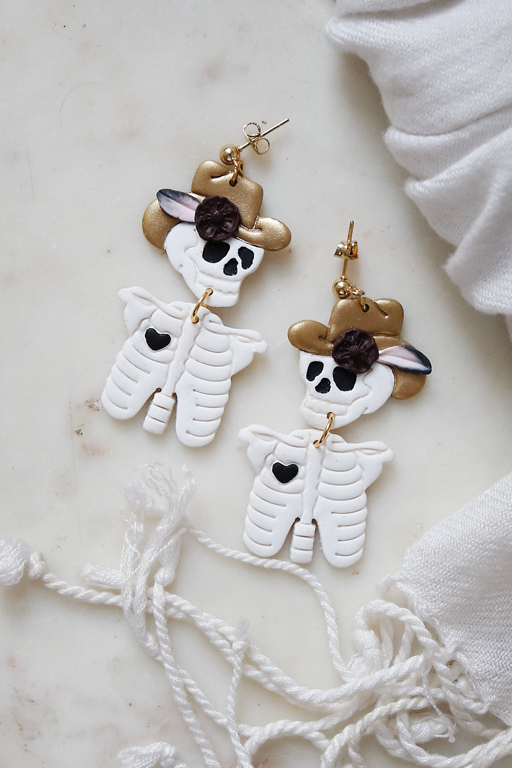 Rhinestone Cowgirl Polymer Clay Skeleton Earrings