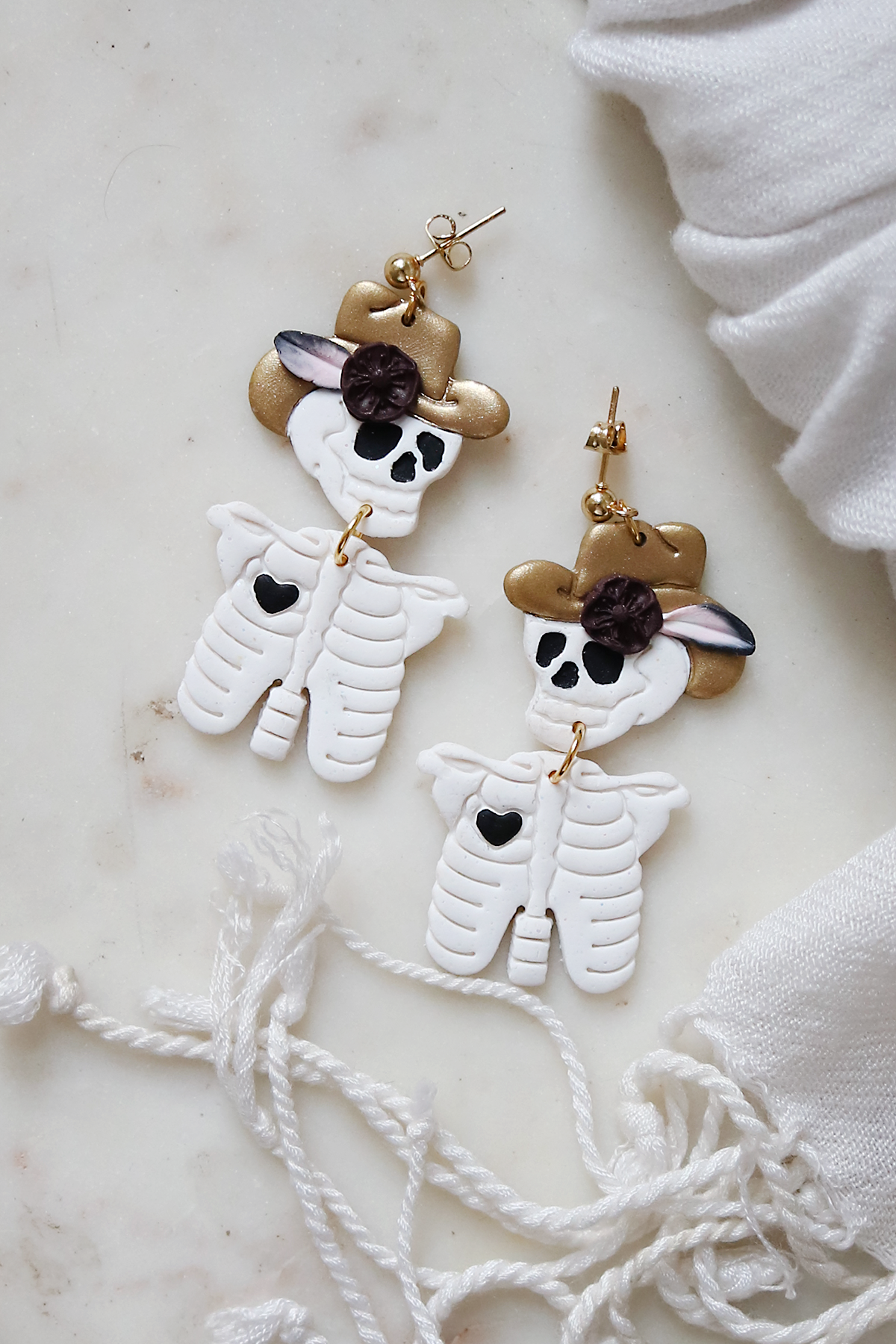 Rhinestone Cowgirl Polymer Clay Skeleton Earrings