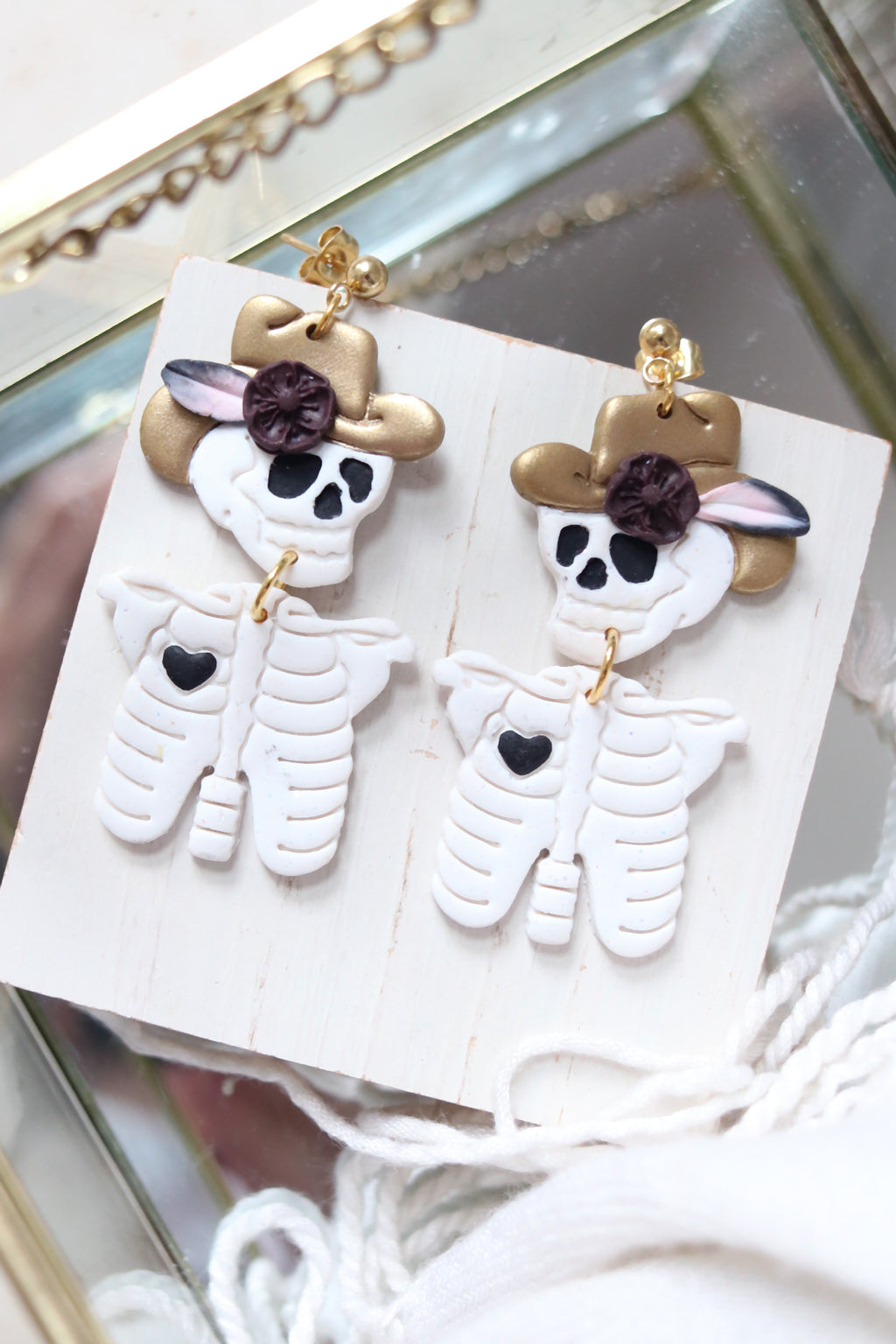 Rhinestone Cowgirl Polymer Clay Skeleton Earrings