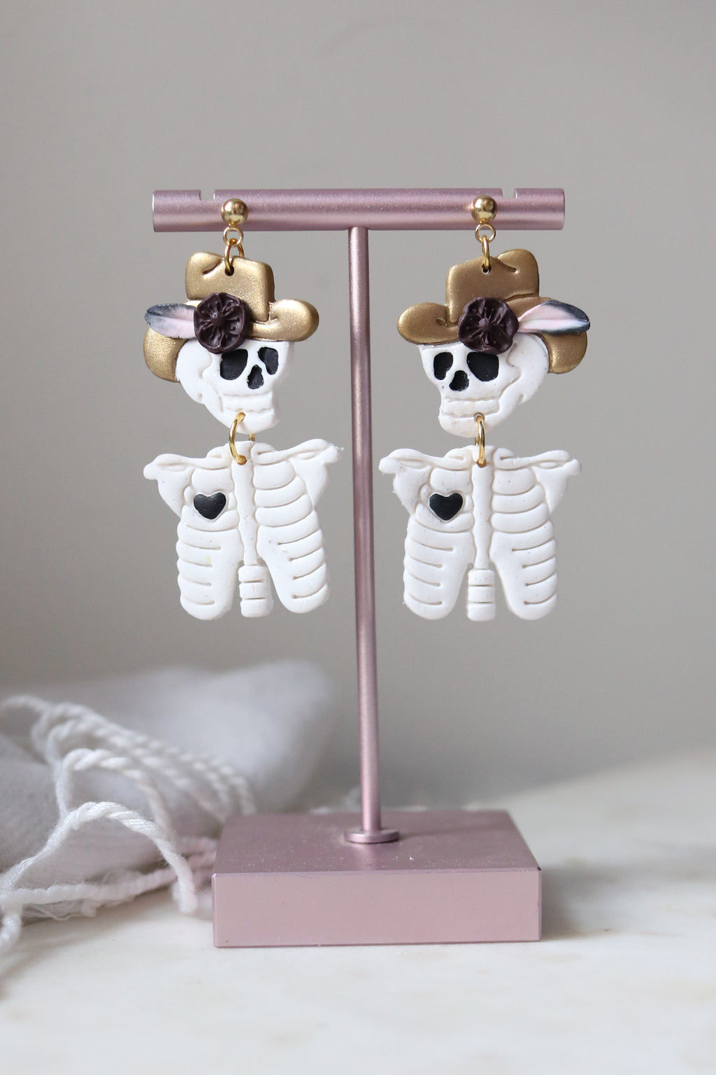 Rhinestone Cowgirl Polymer Clay Skeleton Earrings