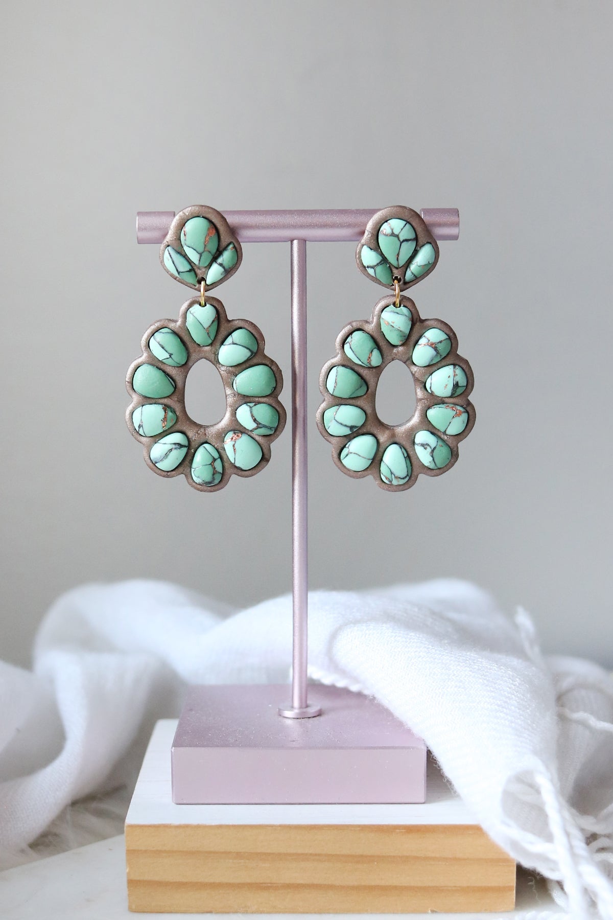 Sagebrush Southwestern turquoise polymer clay dangle stud earrings by Petal & Posy, featuring vibrant turquoise and southwestern design.