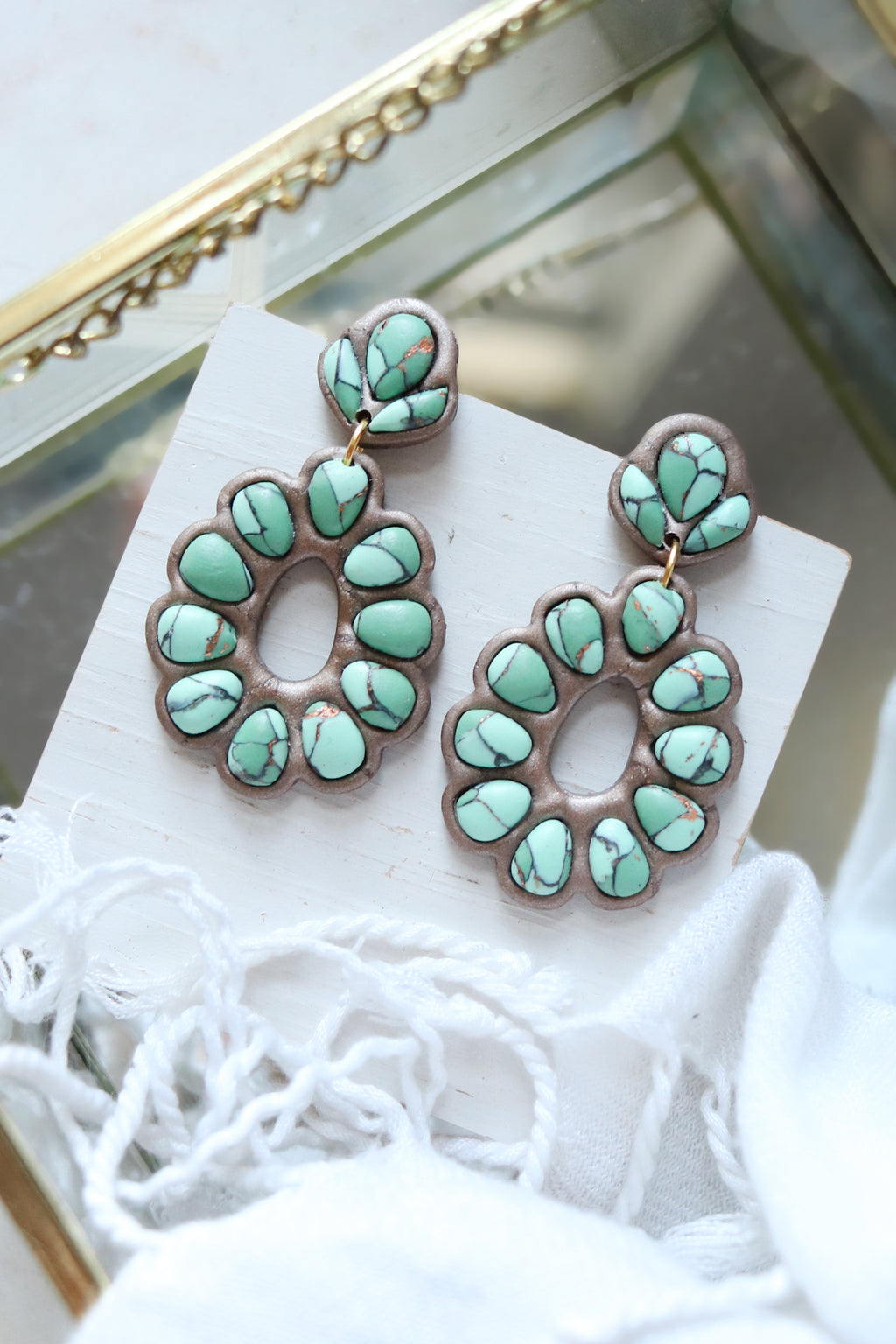 Petal & Posy sagebrush Southwestern turquoise polymer clay dangle stud earrings with a vibrant, handcrafted design.