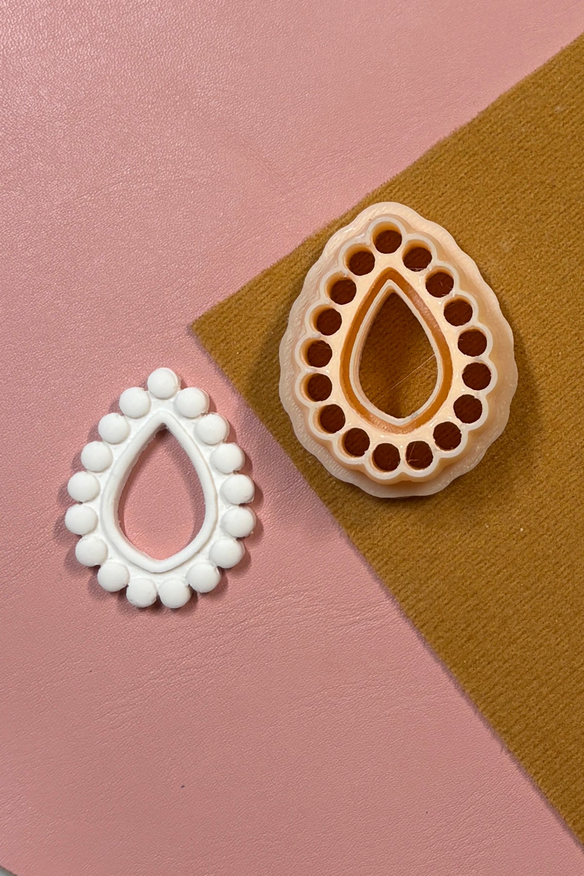 Petal & Posy scalloped teardrop polymer clay earring cutter showing detailed scalloped edge and teardrop shape.