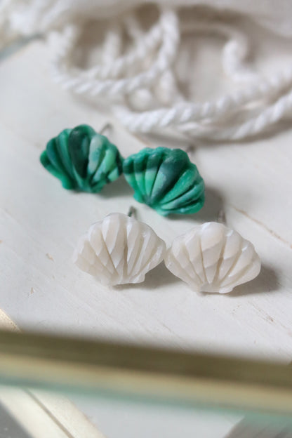 She Sells Sea Shells Polymer Clay Studs in Malachite or Mother of Pearl