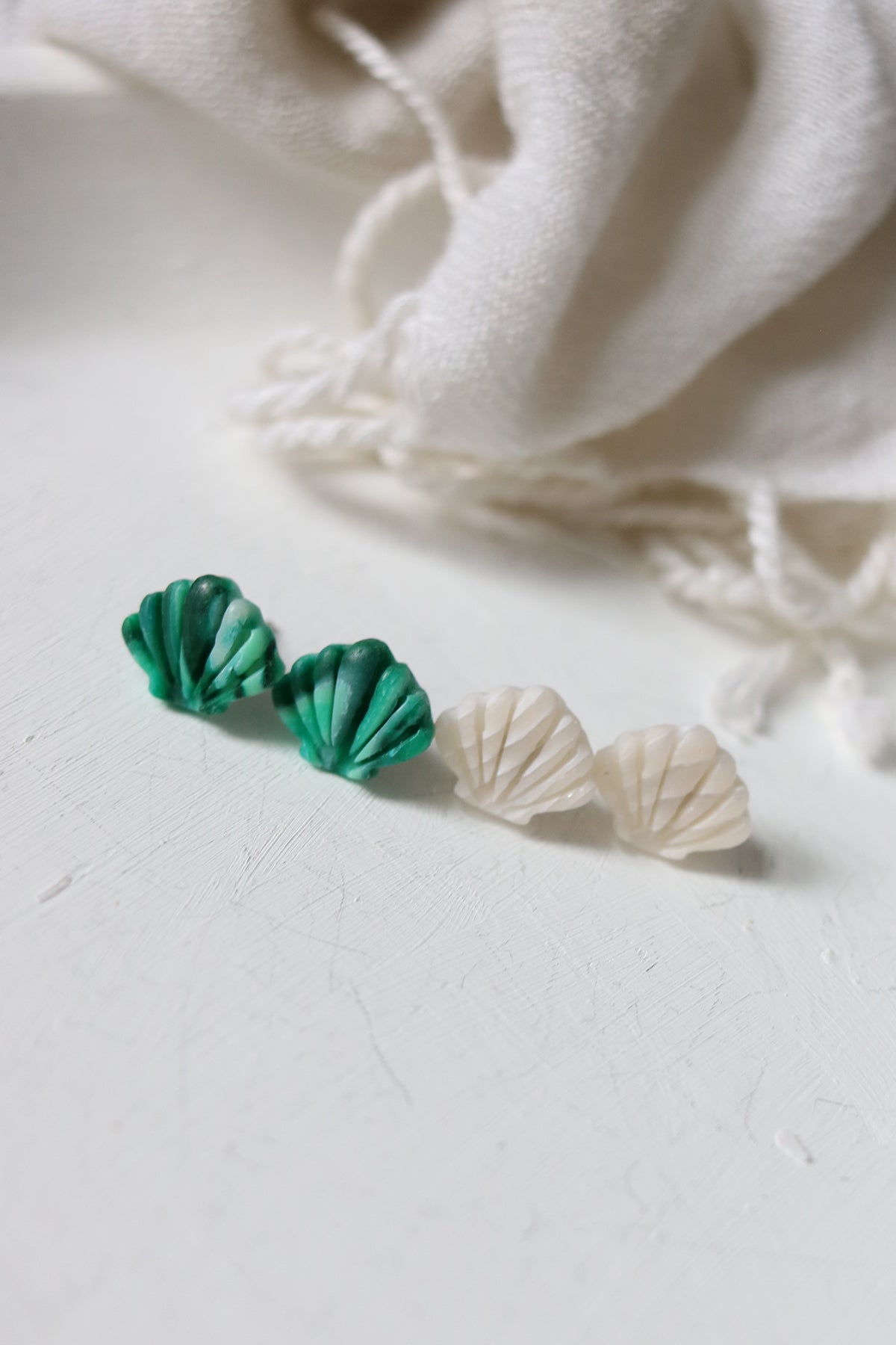 She Sells Sea Shells Polymer Clay Studs in Malachite or Mother of Pearl