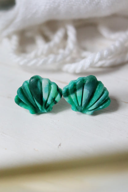 She Sells Sea Shells Polymer Clay Studs in Malachite or Mother of Pearl