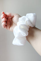 Super Fluff Pointelle Knit Scrunchie in Cloud or Strawberry