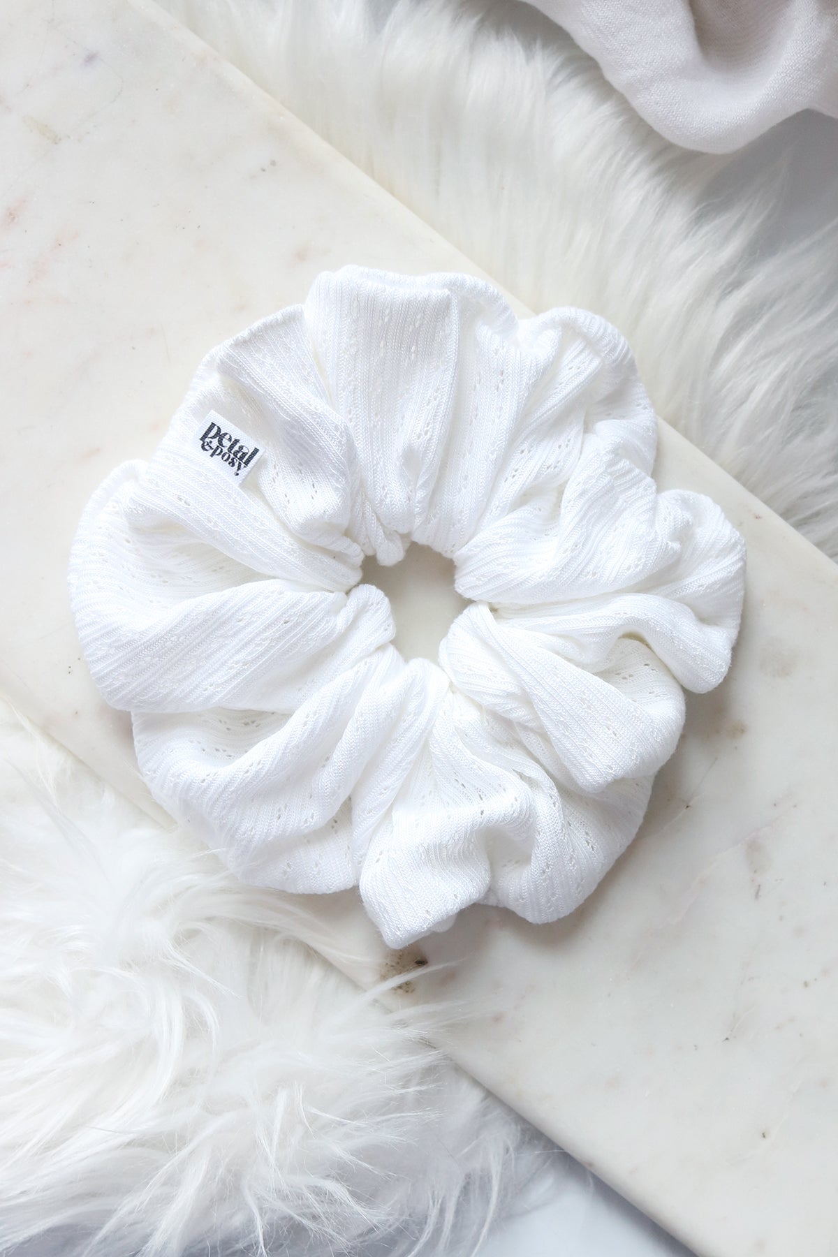 Super Fluff Pointelle Knit Scrunchie in Cloud or Strawberry