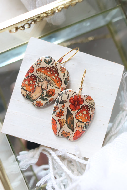 Shroomkin Polymer Clay Mushroom Pumpkin Hoop Earrings